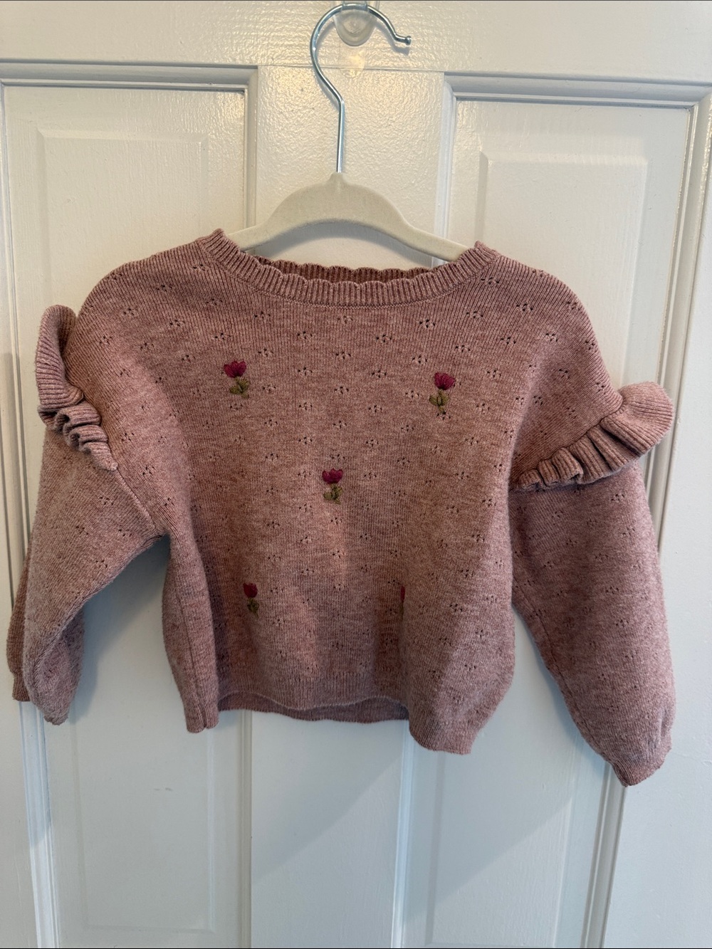 Zara Dusty Pink Ruffle Sleeve Knit Sweater with Rose Embroidery